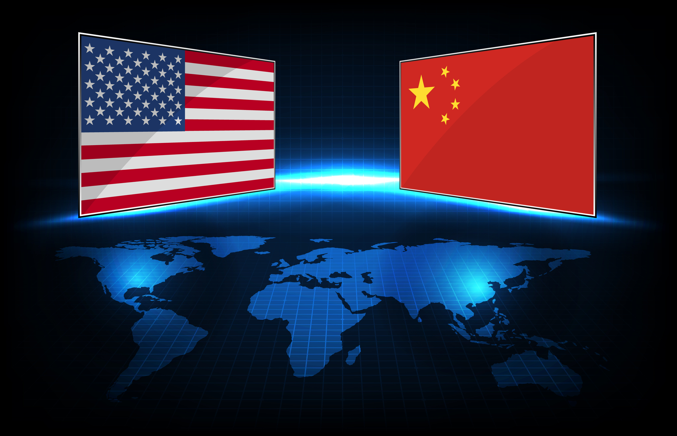 abstract background futuristic technology of china flag and united state of america (USA) flag with world maps